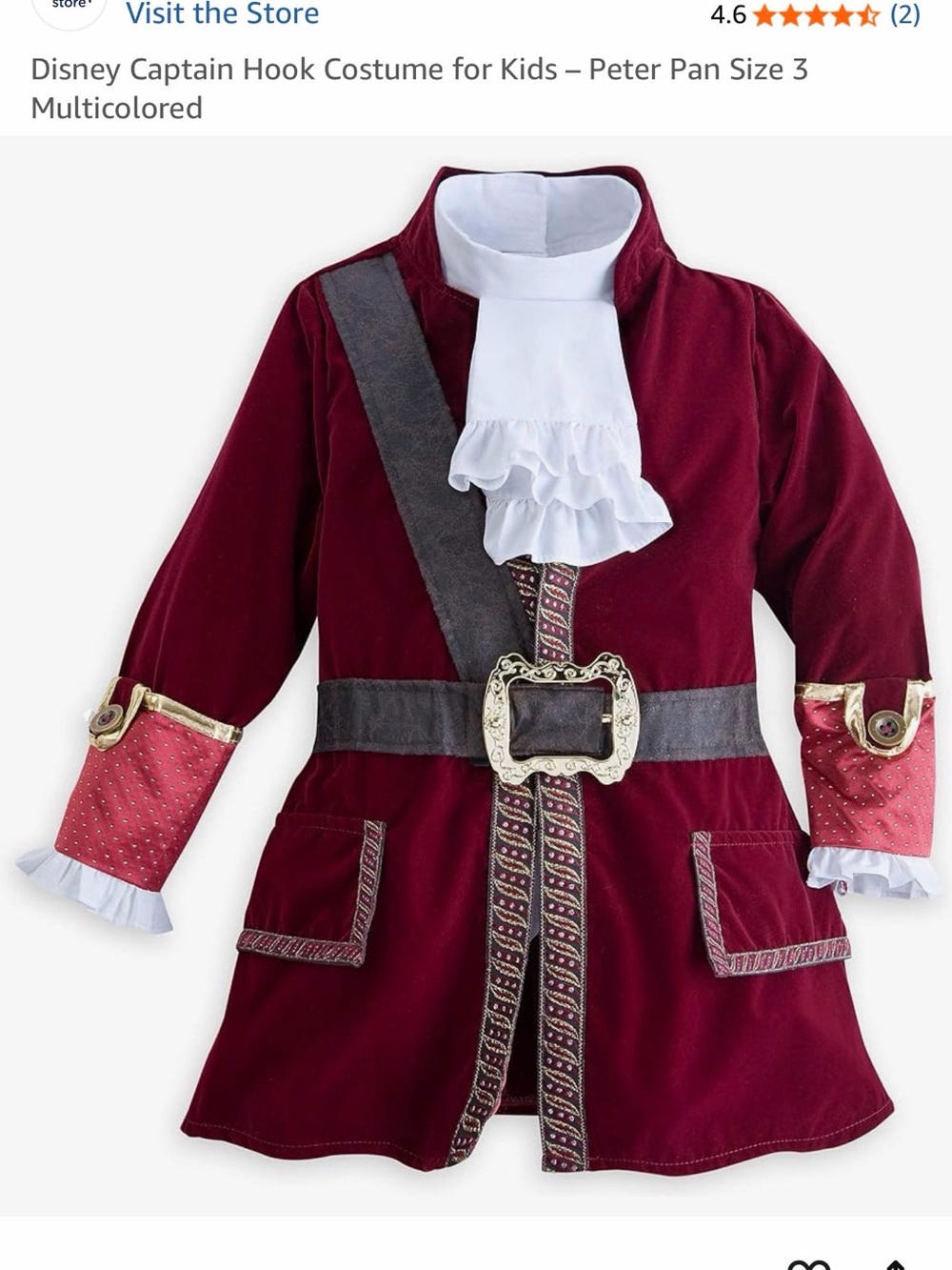 Disney Captain Hook Kids Costume - Burgundy and Black with Gold Trim - Picture 3 of 14